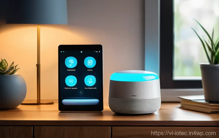 IoT 장비 보안을 위한 프레임워크 점검 리스트 - **Prompt 1: Modern Smart Home Security - Digital Vigilance**
"A cozy, modern living room at dusk...