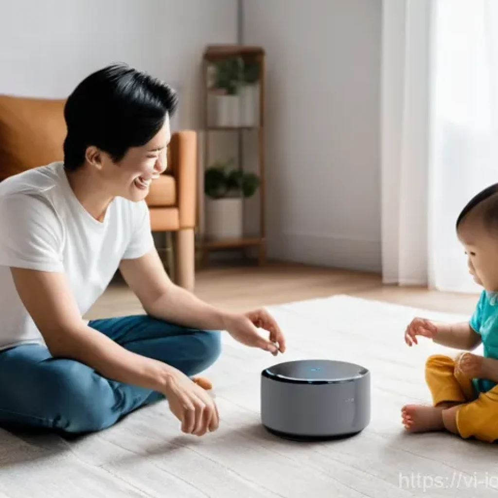 IoT 보안 프레임워크와 환경적 요인 - **Prompt**: A cozy, modern Vietnamese living room bathed in warm, inviting light. A young Vietnamese...
