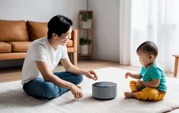 IoT 보안 프레임워크와 환경적 요인 - **Prompt**: A cozy, modern Vietnamese living room bathed in warm, inviting light. A young Vietnamese...