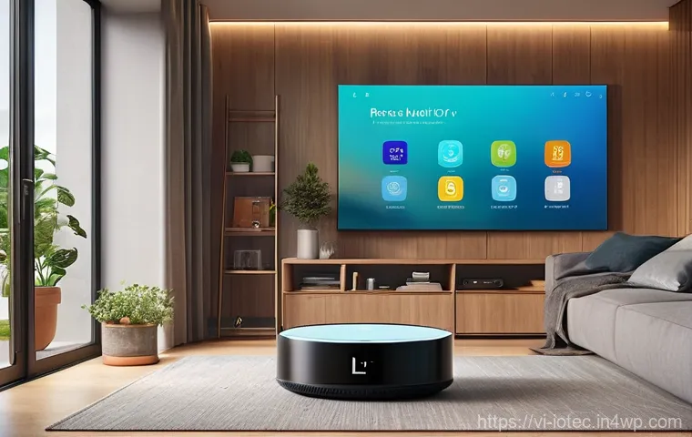 IoT 보안 프레임워크와 사이버 공격 - **Prompt:** A cozy, modern smart home living room with a family (a father, mother, and a teenager) c...