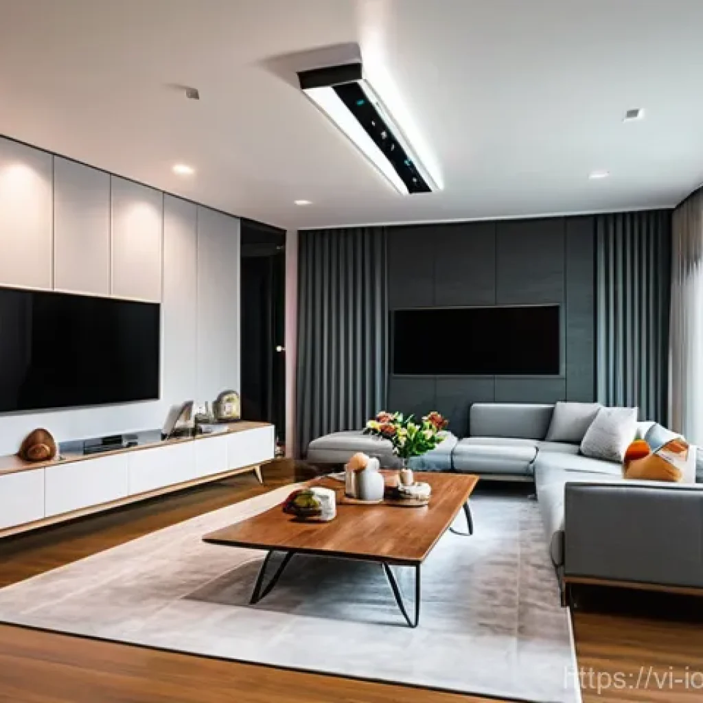 IoT 보안 프레임워크와 클라우드 보안 - **Prompt:** A dynamic, overhead shot of a sleek, modern Vietnamese smart home living room. The room ...