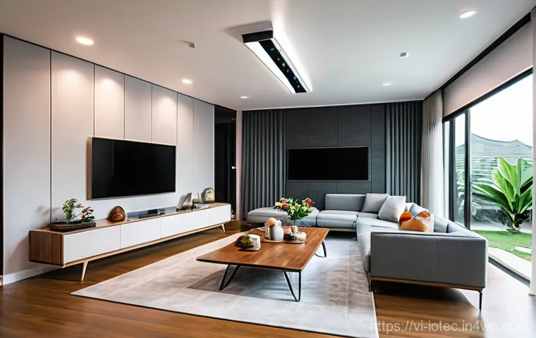 IoT 보안 프레임워크와 클라우드 보안 - **Prompt:** A dynamic, overhead shot of a sleek, modern Vietnamese smart home living room. The room ...