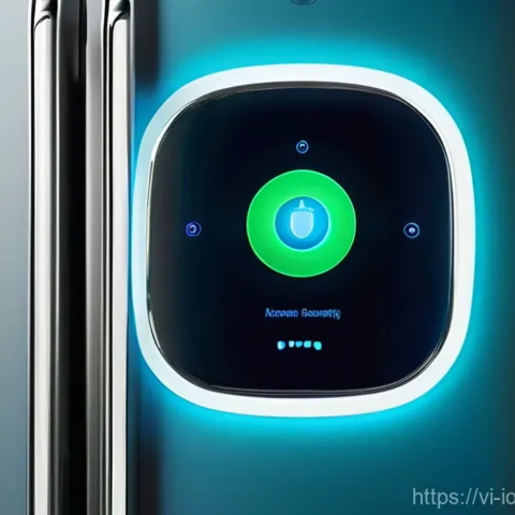 IoT 보안 프레임워크와 블록체인 기술 - **Prompt:** A futuristic, cozy smart home interior, possibly a living room or kitchen, bathed in sof...