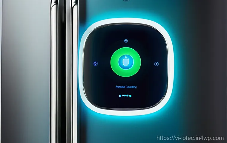 IoT 보안 프레임워크와 블록체인 기술 - **Prompt:** A futuristic, cozy smart home interior, possibly a living room or kitchen, bathed in sof...