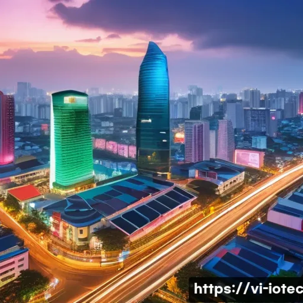 IoT 보안 프레임워크의 글로벌 사례 분석 - A detailed futuristic smart cityscape in Vietnam during dusk, showcasing integrated IoT security inf...
