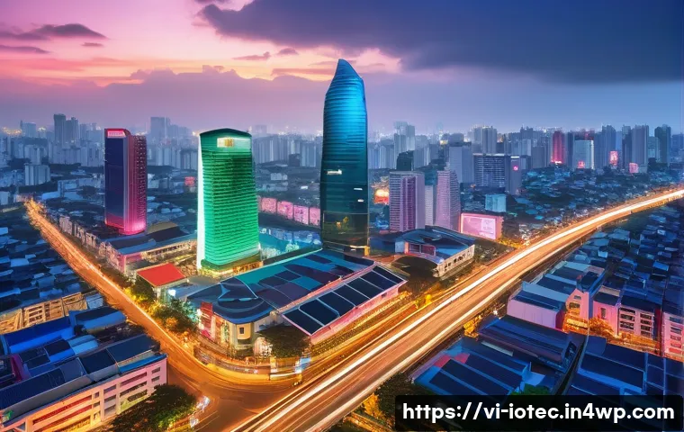 IoT 보안 프레임워크의 글로벌 사례 분석 - A detailed futuristic smart cityscape in Vietnam during dusk, showcasing integrated IoT security inf...