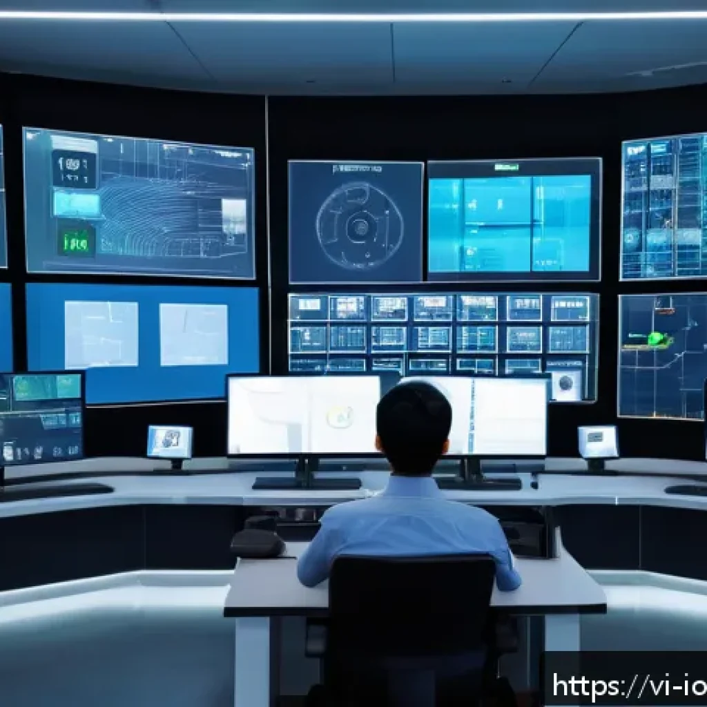 IoT 보안 프레임워크와 재난 복구 계획 - A modern Vietnamese smart factory control room featuring a diverse array of IoT devices such as secu...