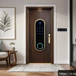 효과적인 IoT 보안 프레임워크 설계 전략 - A modern Vietnamese smart home interior scene showcasing IoT device security: a sleek smart door loc...