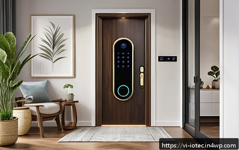 효과적인 IoT 보안 프레임워크 설계 전략 - A modern Vietnamese smart home interior scene showcasing IoT device security: a sleek smart door loc...