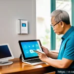 IoT 보안 프레임워크와 패치 관리 전략 - A modern Vietnamese family living room with various IoT devices such as smart cameras, smart lights,...