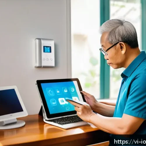 IoT 보안 프레임워크와 패치 관리 전략 - A modern Vietnamese family living room with various IoT devices such as smart cameras, smart lights,...