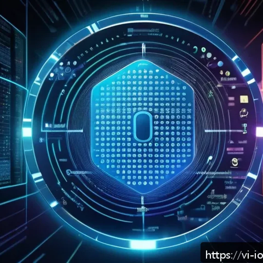 IoT 장비의 안전한 연결을 위한 프레임워크 - A futuristic multi-layered IoT security architecture scene showing a high-tech smart device with vis...
