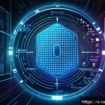 IoT 장비의 안전한 연결을 위한 프레임워크 - A futuristic multi-layered IoT security architecture scene showing a high-tech smart device with vis...