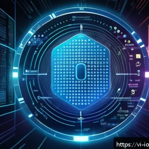 IoT 장비의 안전한 연결을 위한 프레임워크 - A futuristic multi-layered IoT security architecture scene showing a high-tech smart device with vis...