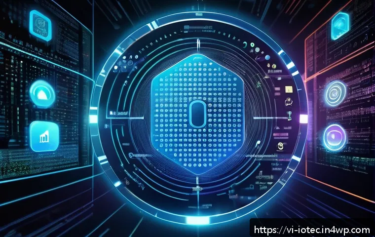 IoT 장비의 안전한 연결을 위한 프레임워크 - A futuristic multi-layered IoT security architecture scene showing a high-tech smart device with vis...