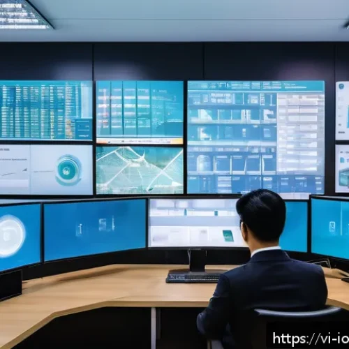 IoT 보안 프레임워크와 위험 평가 - A modern Vietnamese office environment showcasing a multi-layered IoT security architecture: diverse...